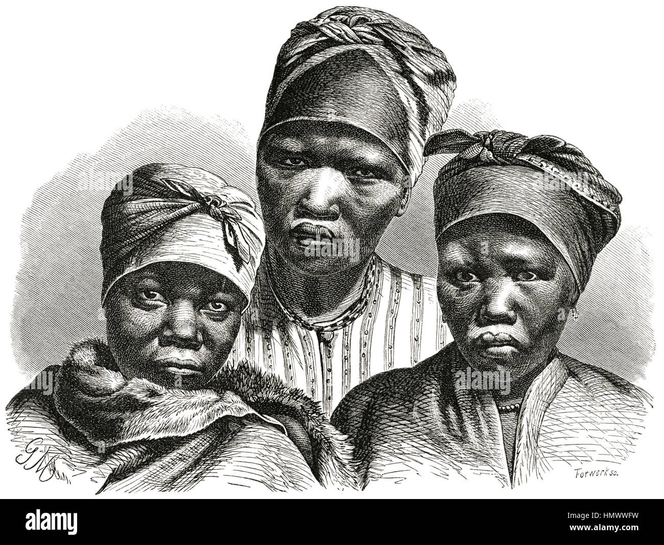 Three Young Namaquan Women, Southern Africa, Illustration from the book, 'Volkerkunde' by Dr. Fredrich Ratzel, Bibliographisches Institut, Leipzig, 1885 Stock Photo