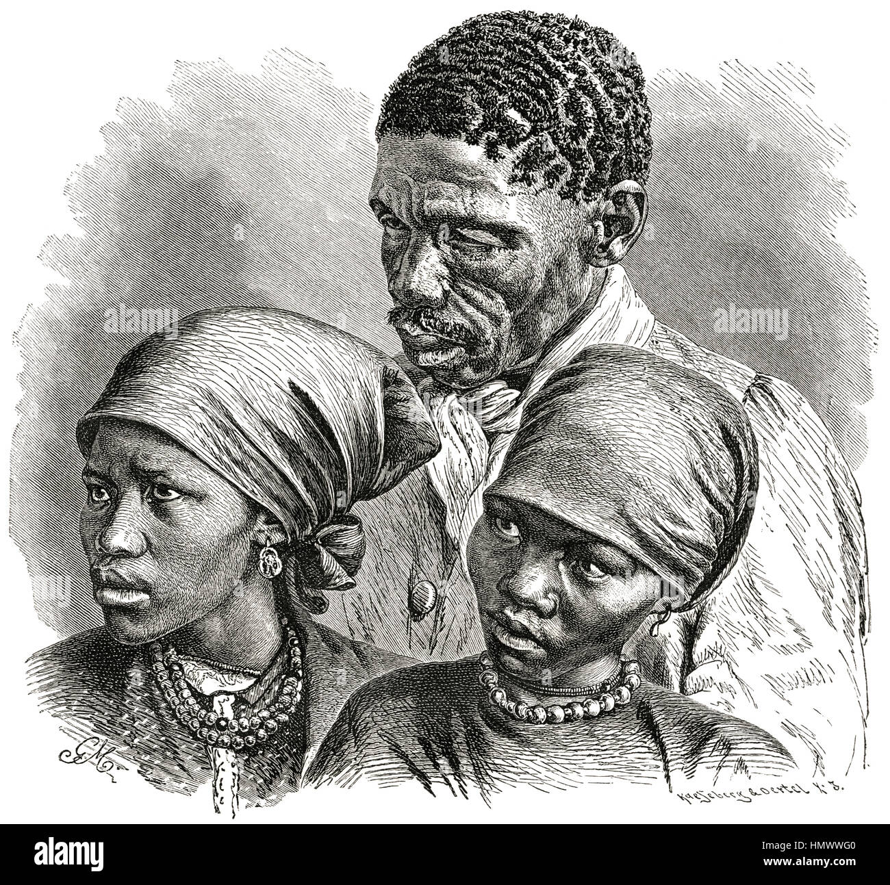 Namaquan Man and Two Women, Berseba, Namibia, Africa, Illustration from the book, 'Volkerkunde' by Dr. Fredrich Ratzel, Bibliographisches Institut, Leipzig, 1885 Stock Photo