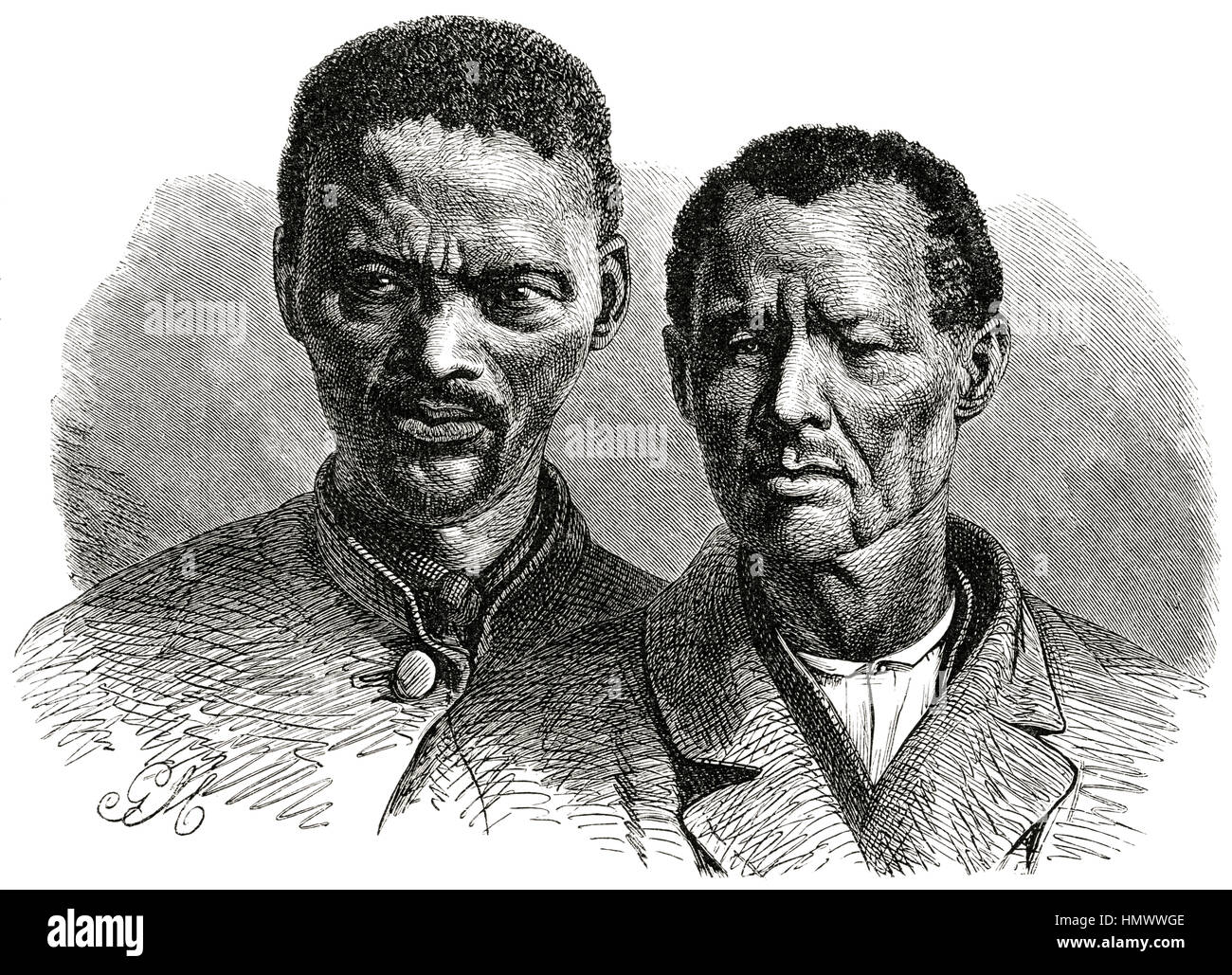 Two Namaquan Men, Southern Africa, Illustration from the book, 'Volkerkunde' by Dr. Fredrich Ratzel, Bibliographisches Institut, Leipzig, 1885 Stock Photo