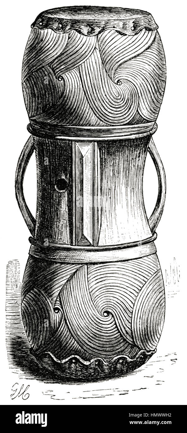 Ambuella Drum, Africa, Illustration from the book, 'Volkerkunde' by Dr. Fredrich Ratzel, Bibliographisches Institut, Leipzig, 1885 Stock Photo