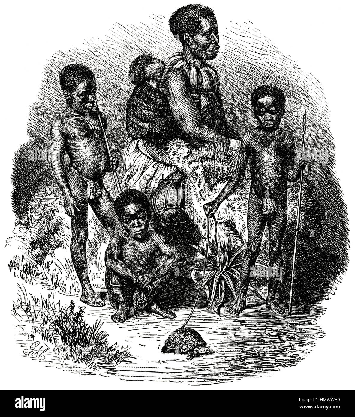 Zulu Family, Africa, Illustration from the book, 'Volkerkunde' by Dr. Fredrich Ratzel, Bibliographisches Institut, Leipzig, 1885 Stock Photo
