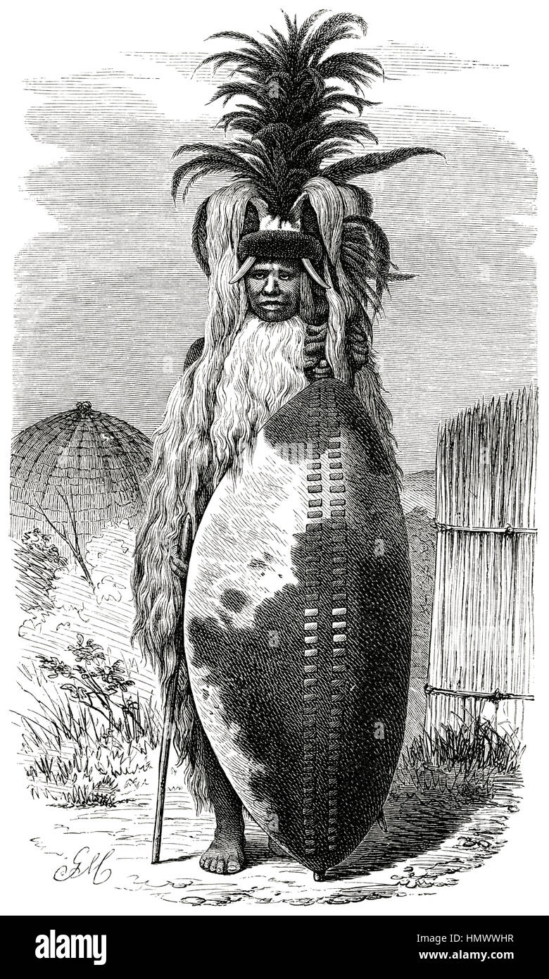 Zulu Chieftain in War Regalia, Africa, Illustration from the book, 'Volkerkunde' by Dr. Fredrich Ratzel, Bibliographisches Institut, Leipzig, 1885 Stock Photo