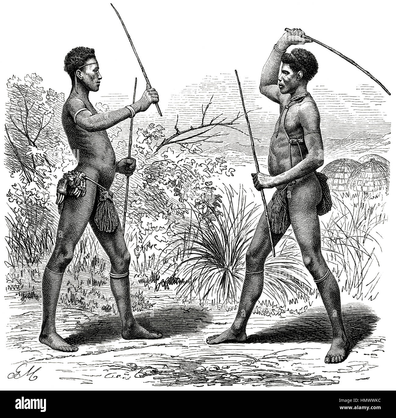 Two Zulu Men in Fencing Game, Africa, Illustration from the book, 'Volkerkunde' by Dr. Fredrich Ratzel, Bibliographisches Institut, Leipzig, 1885 Stock Photo