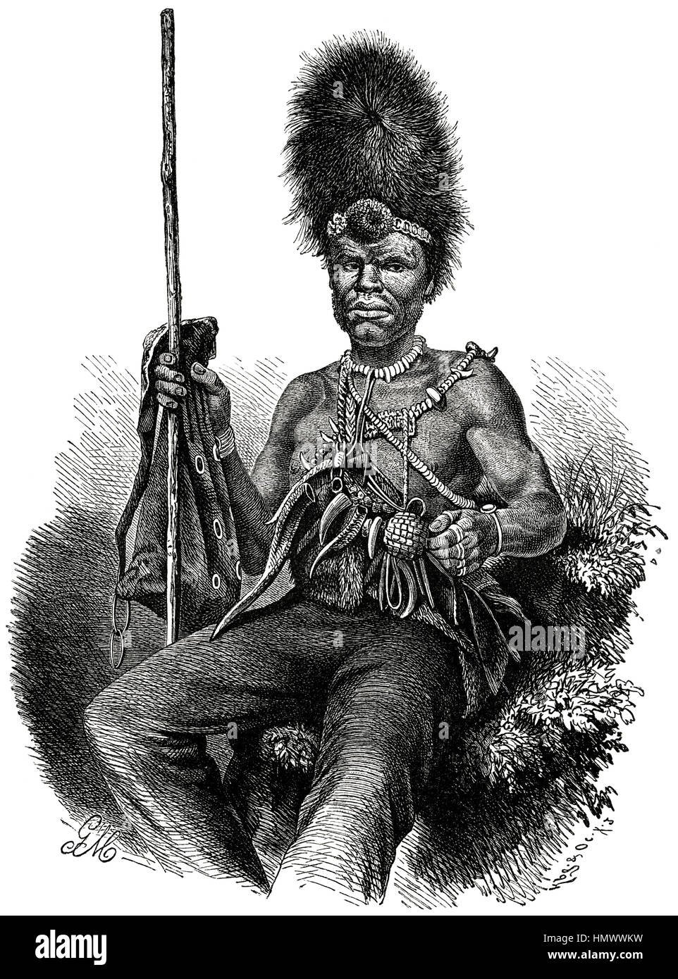 Basuto Magician, Africa, Illustration from the book, 'Volkerkunde' by Dr. Fredrich Ratzel, Bibliographisches Institut, Leipzig, 1885 Stock Photo