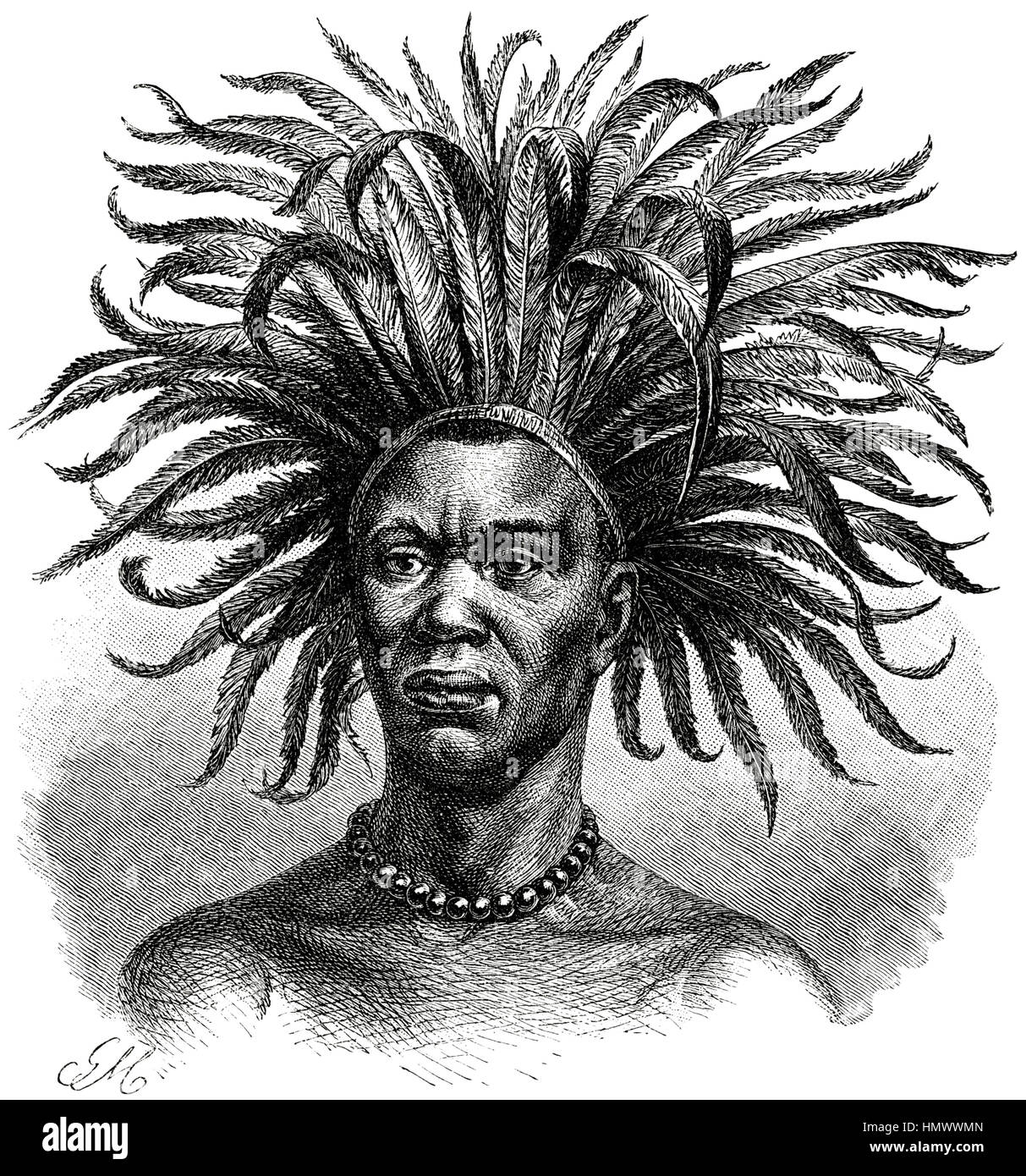 Young Mtuta Man with Feathered Headdress, Africa, Illustration from the book, 'Volkerkunde' by Dr. Fredrich Ratzel, Bibliographisches Institut, Leipzig, 1885 Stock Photo