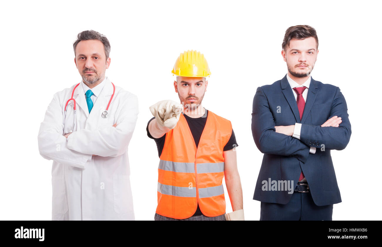 Image of doctor, lawyer and constructor looking serious and pointing you as blame or fault