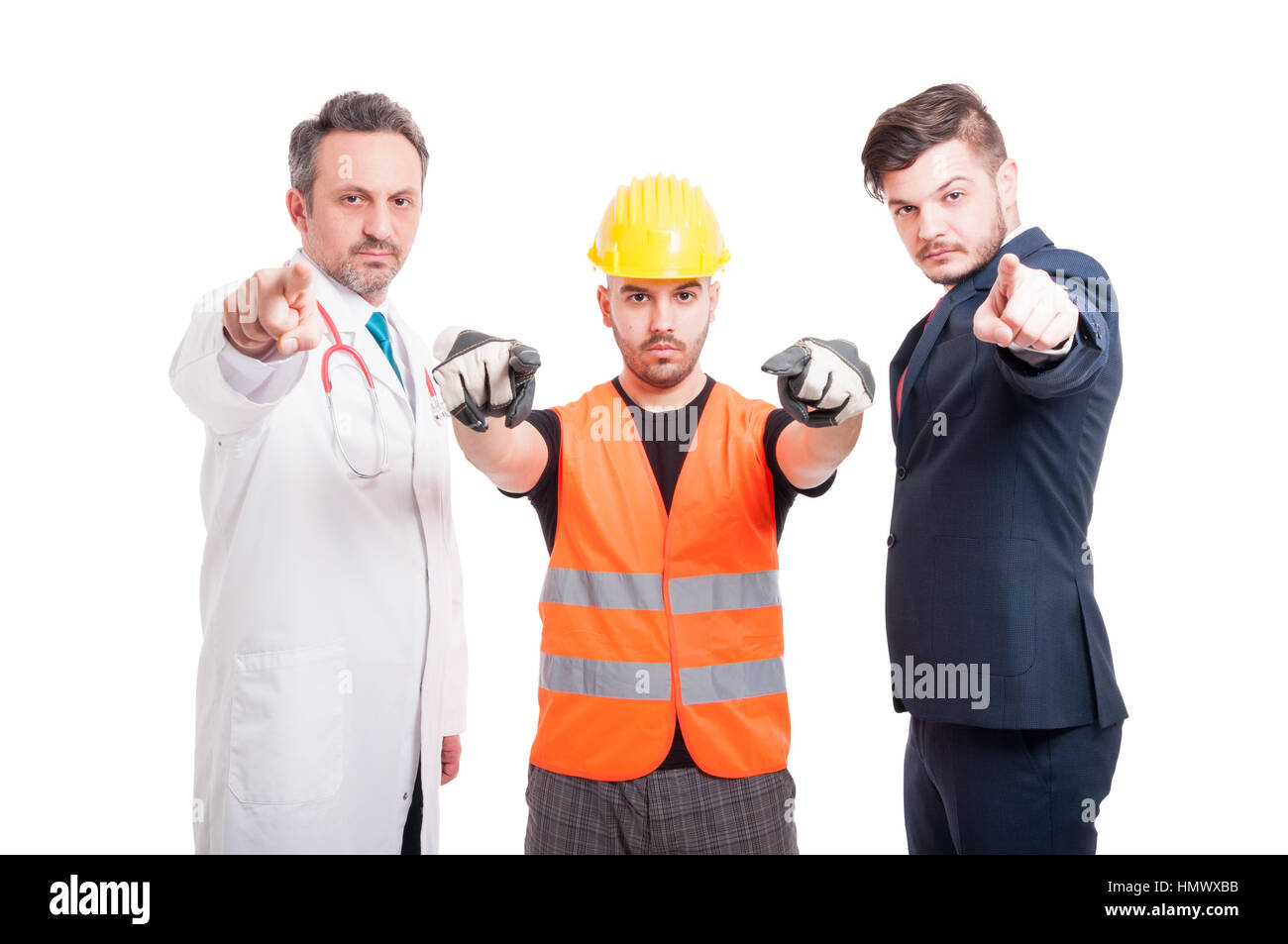 Group of people with different jobs standing together and blaming you