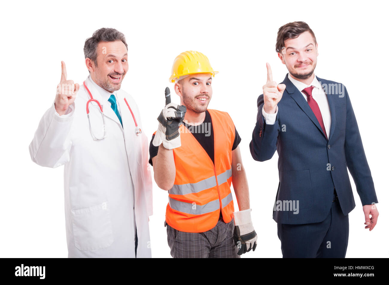 Cheerful group of medic, lawyer and builder pointing all their great ideas as revelation concept isolated on white Stock Photo