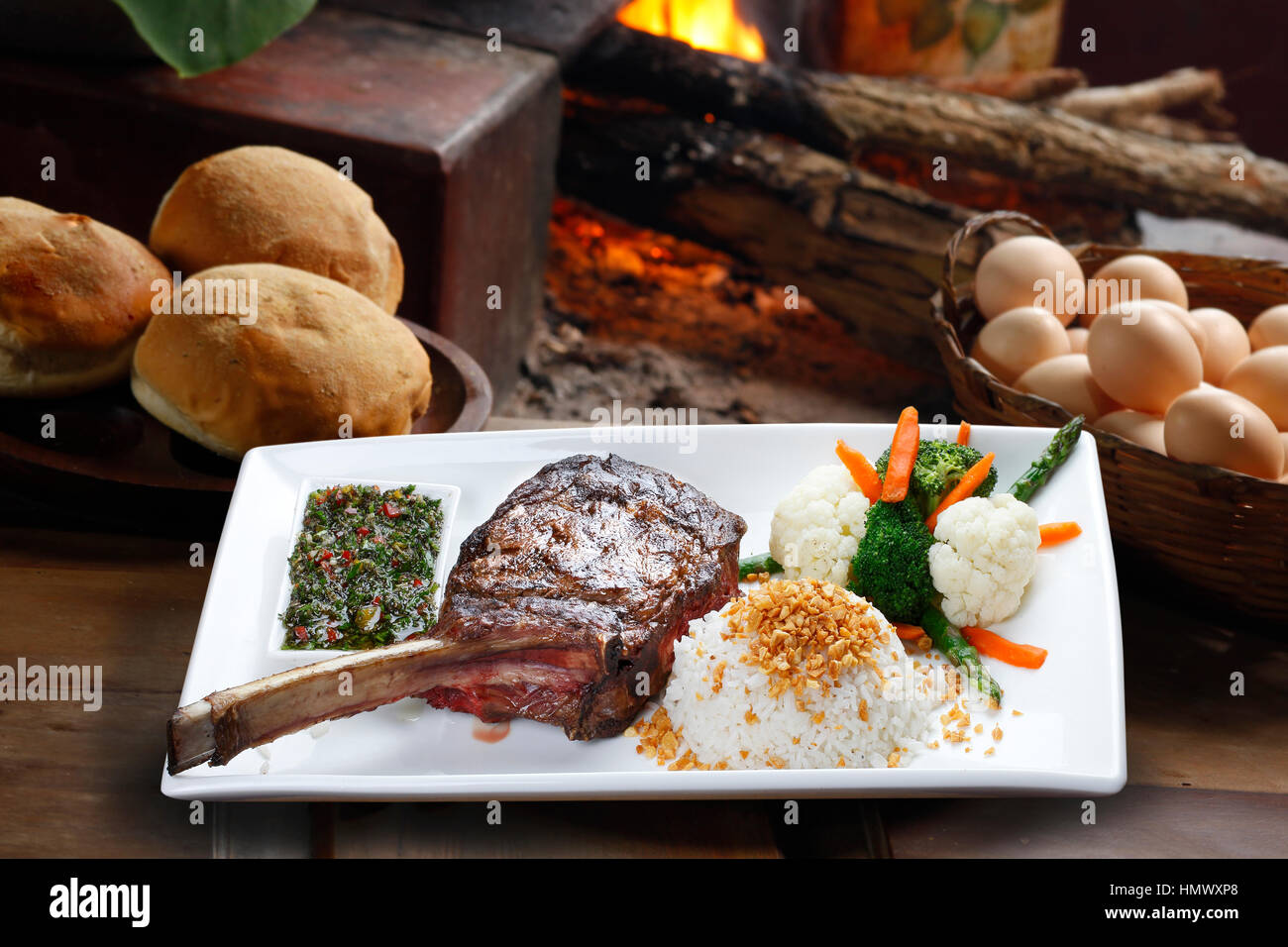 Prime rib with fries and salad Stock Photo - Alamy