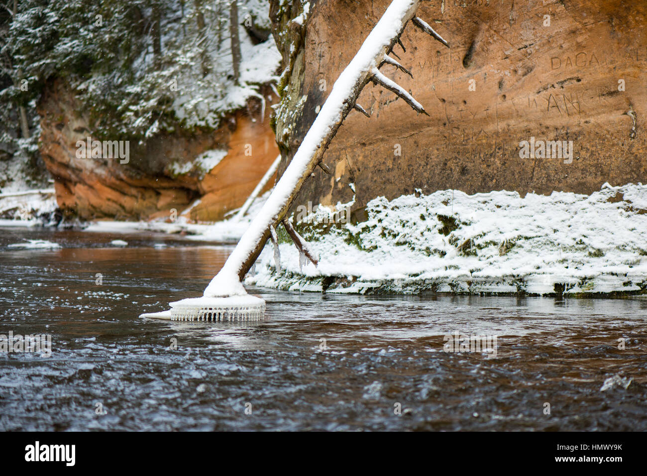 Frozen winter river landscape with ice and snow Stock Photo - Alamy