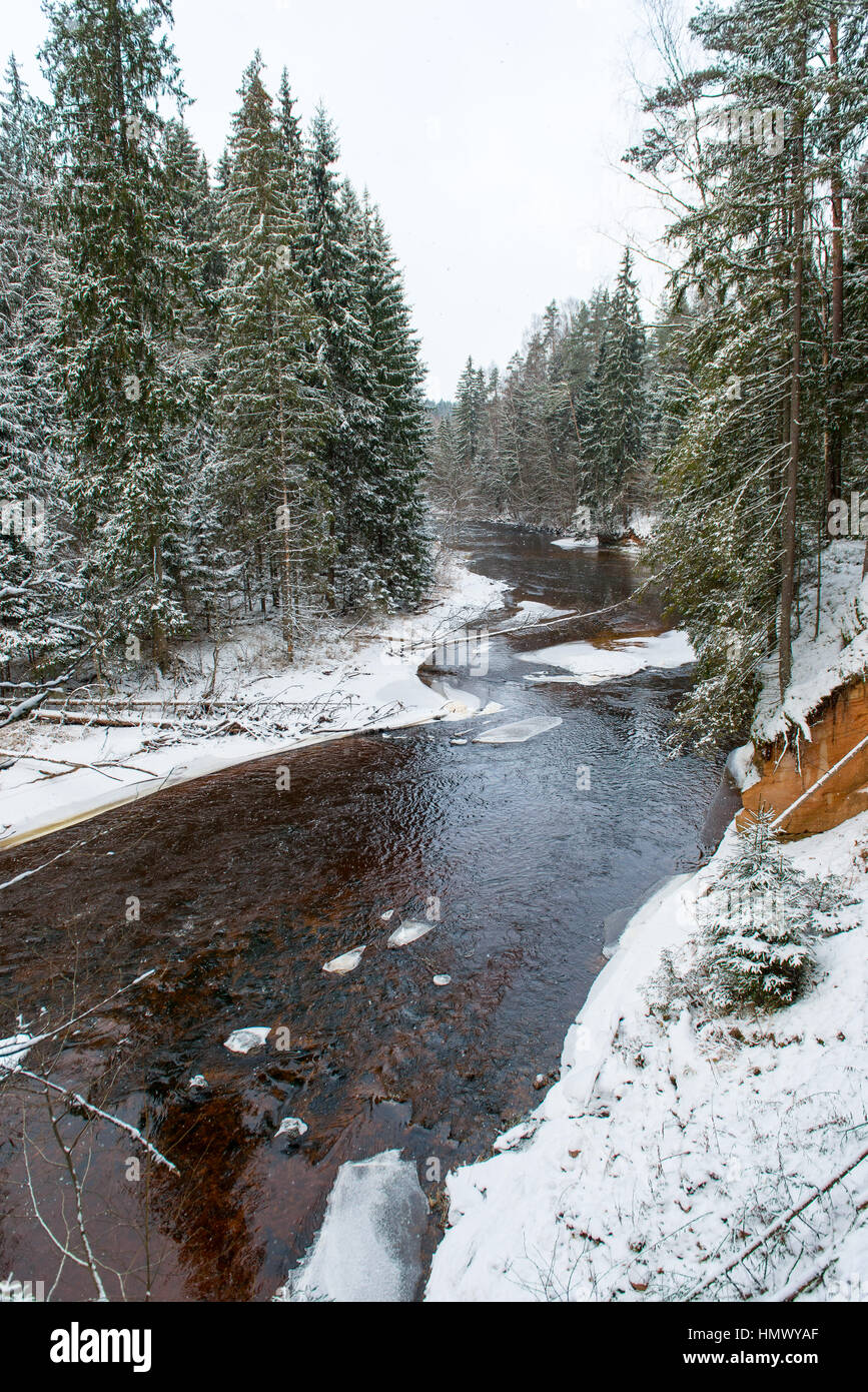 Frozen winter river landscape with ice and snow Stock Photo - Alamy