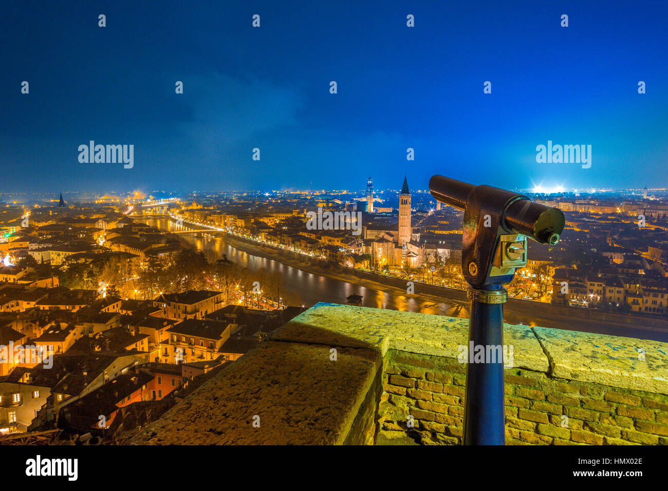 panoramic telescope on skyline of Verona city in Italy at night Stock ...