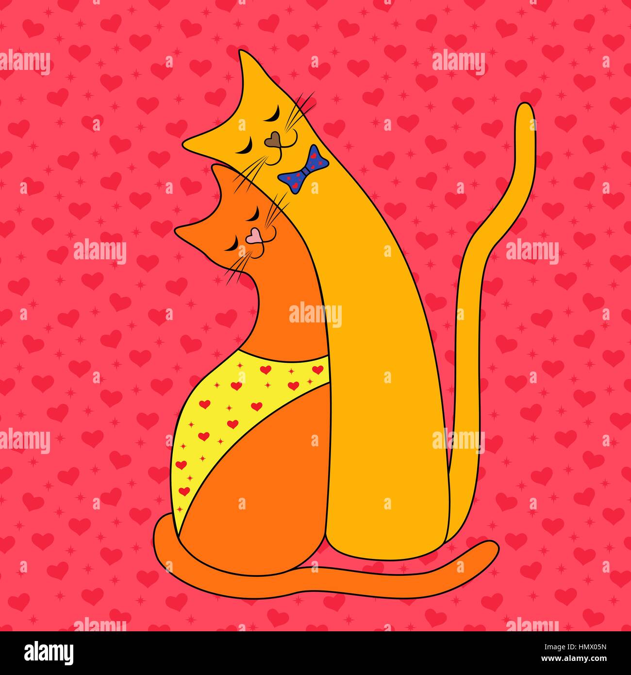 Loving cat couple on the seamless pink background with many red hearts, Valentine vector illustration Stock Vector