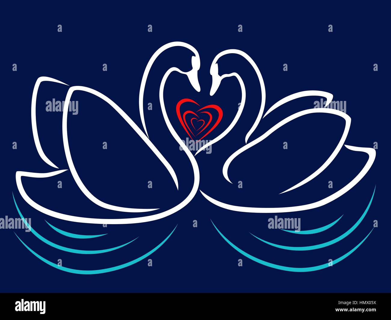 Loving couple of swans floating on the water and red heart between theirs, stylized Valentine vector illustration Stock Vector