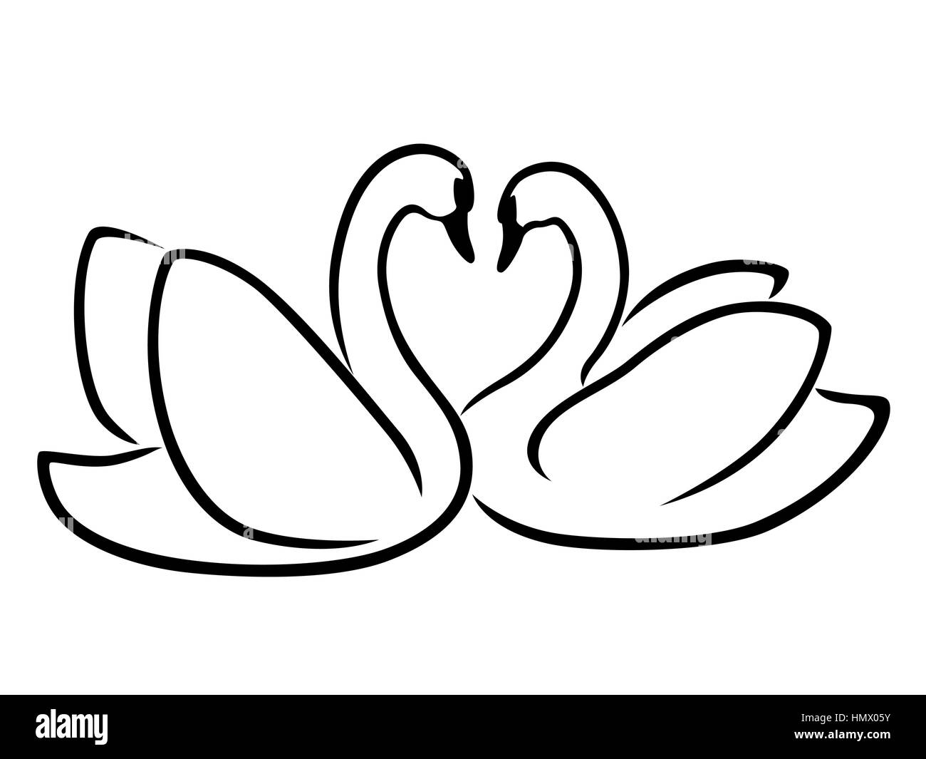 Loving couple of swans, stylized Valentine vector outline Stock Vector