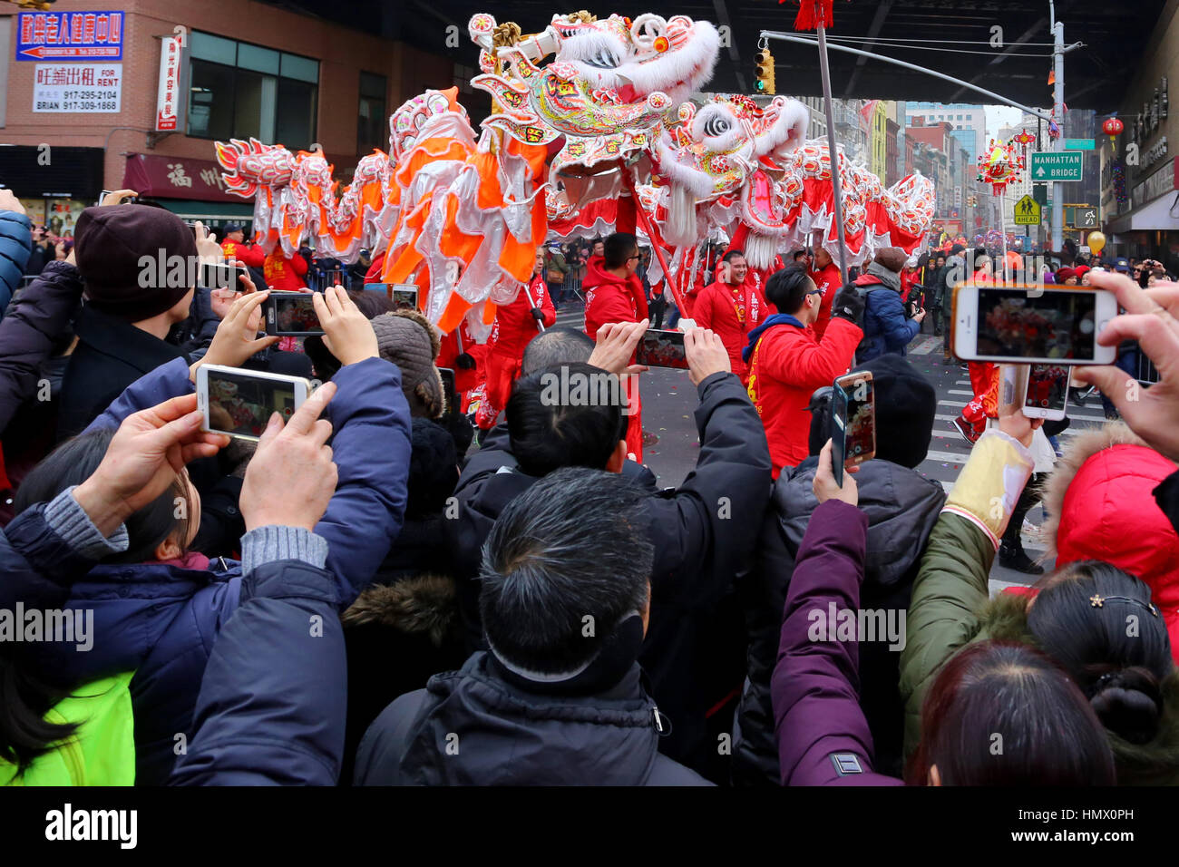 New York, USA. 05th Feb, 2017. New York Chinatown celebrating the Lunar New Year, Year of the Rooster with Lion Dances, Dragon dances, and a big parade. Credit: Robert K. Chin/Pacific Press/Alamy Live News Stock Photo