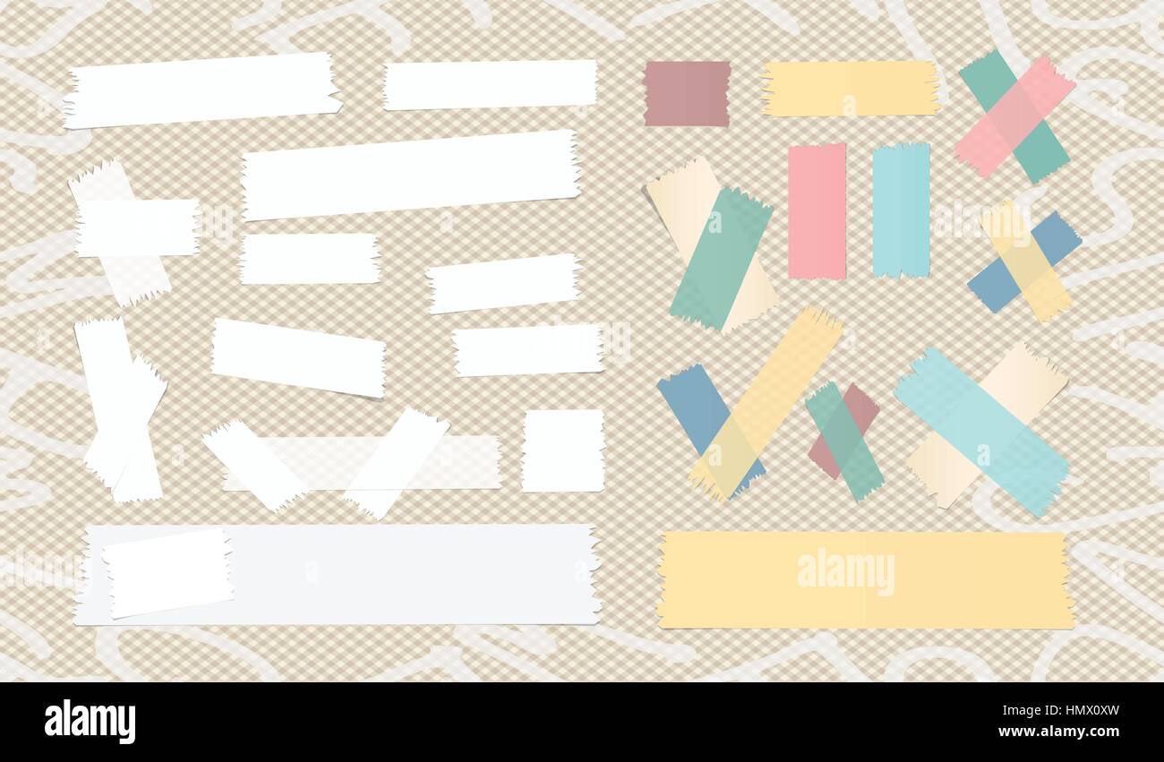 Sticky adhesive paper strips, masking tape, stuck on brown squared