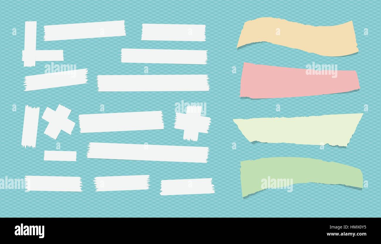 Sticky, adhesive masking tape, ripped note paper stuck on blue squared background Stock Vector