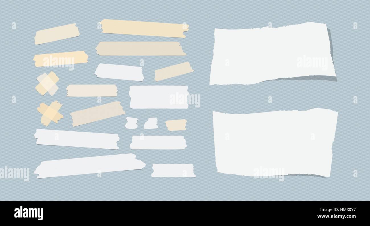 Sticky, adhesive masking tape, ripped note paper stuck on gray