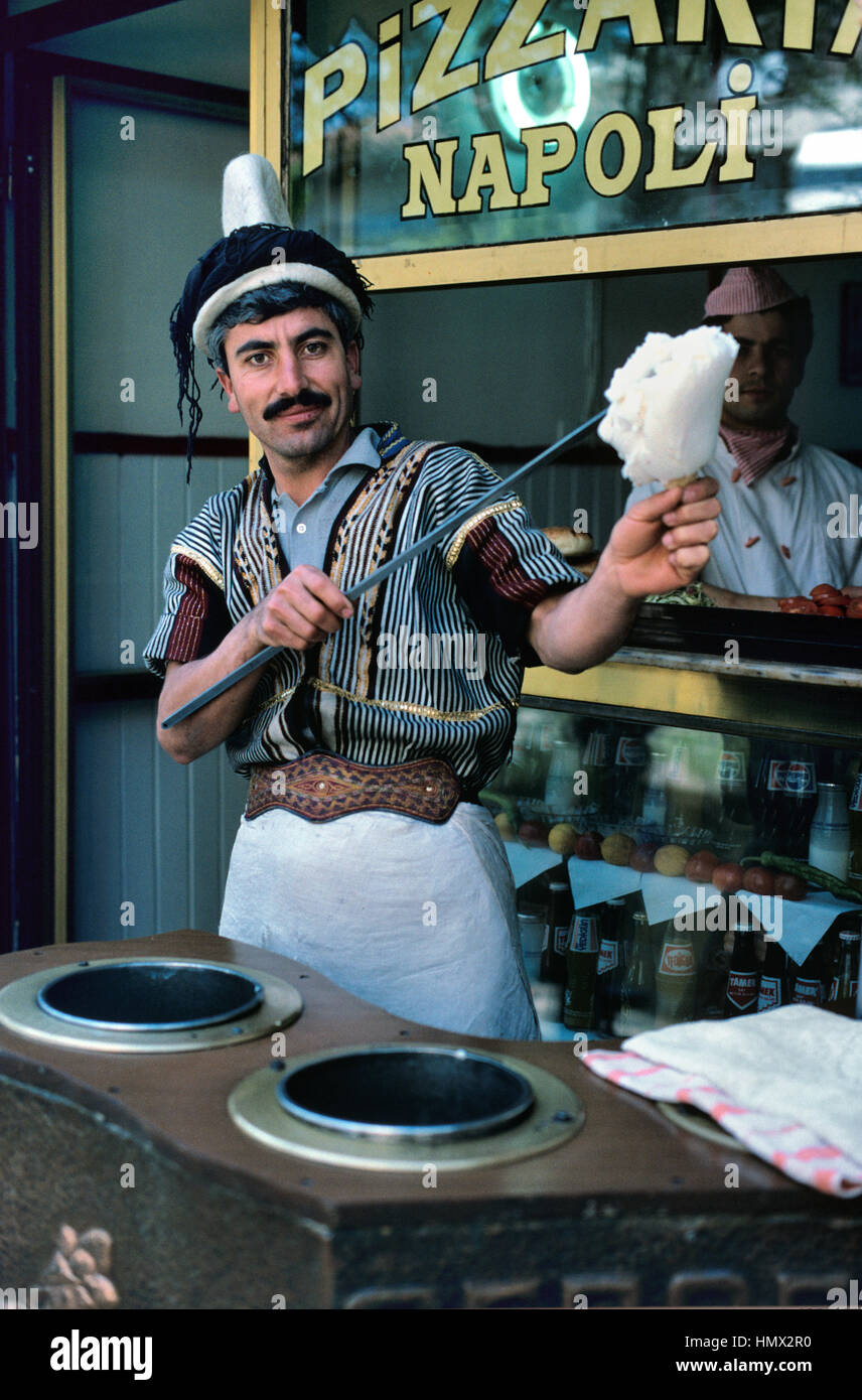 Turkish Ice Cream Maker and Seller or Vendor Selling Turkish Ice Cream known as Dondurma Manisa Turkey Stock Photo