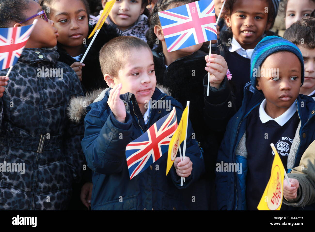 Children at the Mitchell Brook Primary School, north London, wait for the arrival of the Duke and Duchess of Cambridge where they are attending the Place2Be Big Assembly with Heads Together for Children's Mental Health Week. Stock Photo