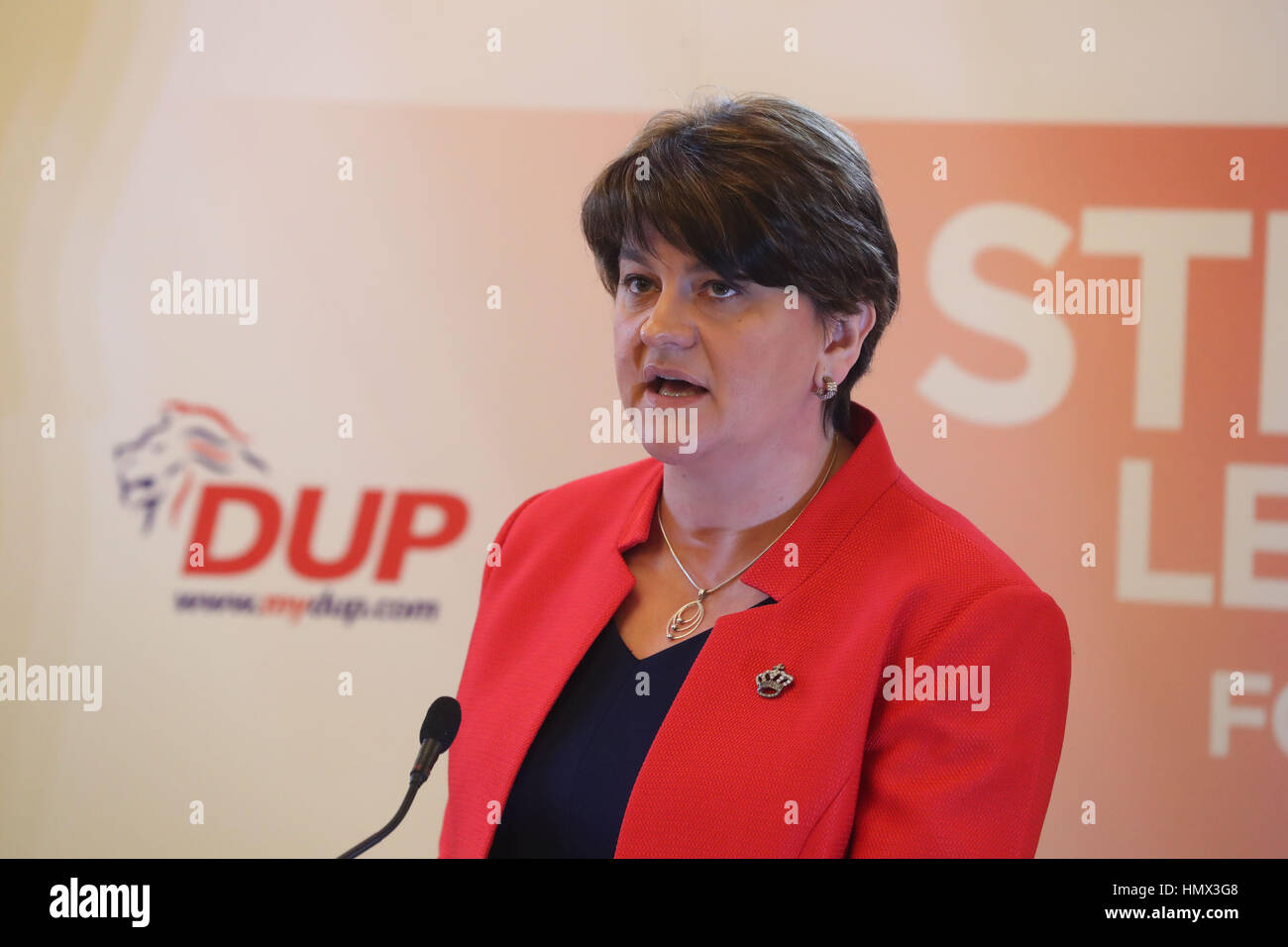 Dup Leader Arlene Foster Makes A Speech At Brownlow House In Lurgan Stock Photo Alamy