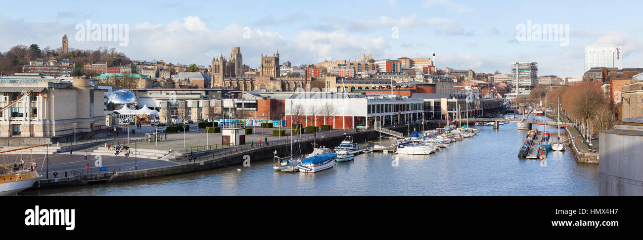 BRISTOL, UK - JANUARY 2, 2014 : Panoramic view of  St Augustine's Reach in Bristol Harbour on 2nd Jan 2014. The view includes city attractions includi Stock Photo