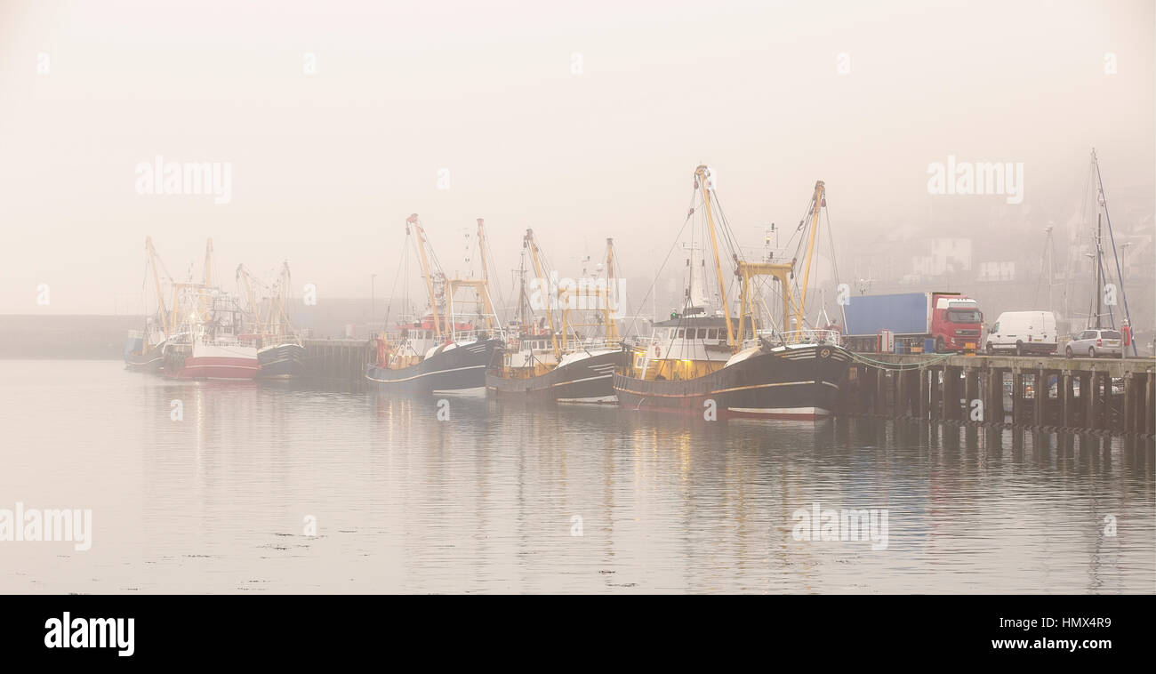 Trawlers on a misty morning in Newlyn Harbour, Cornwall, England, UK. Stock Photo