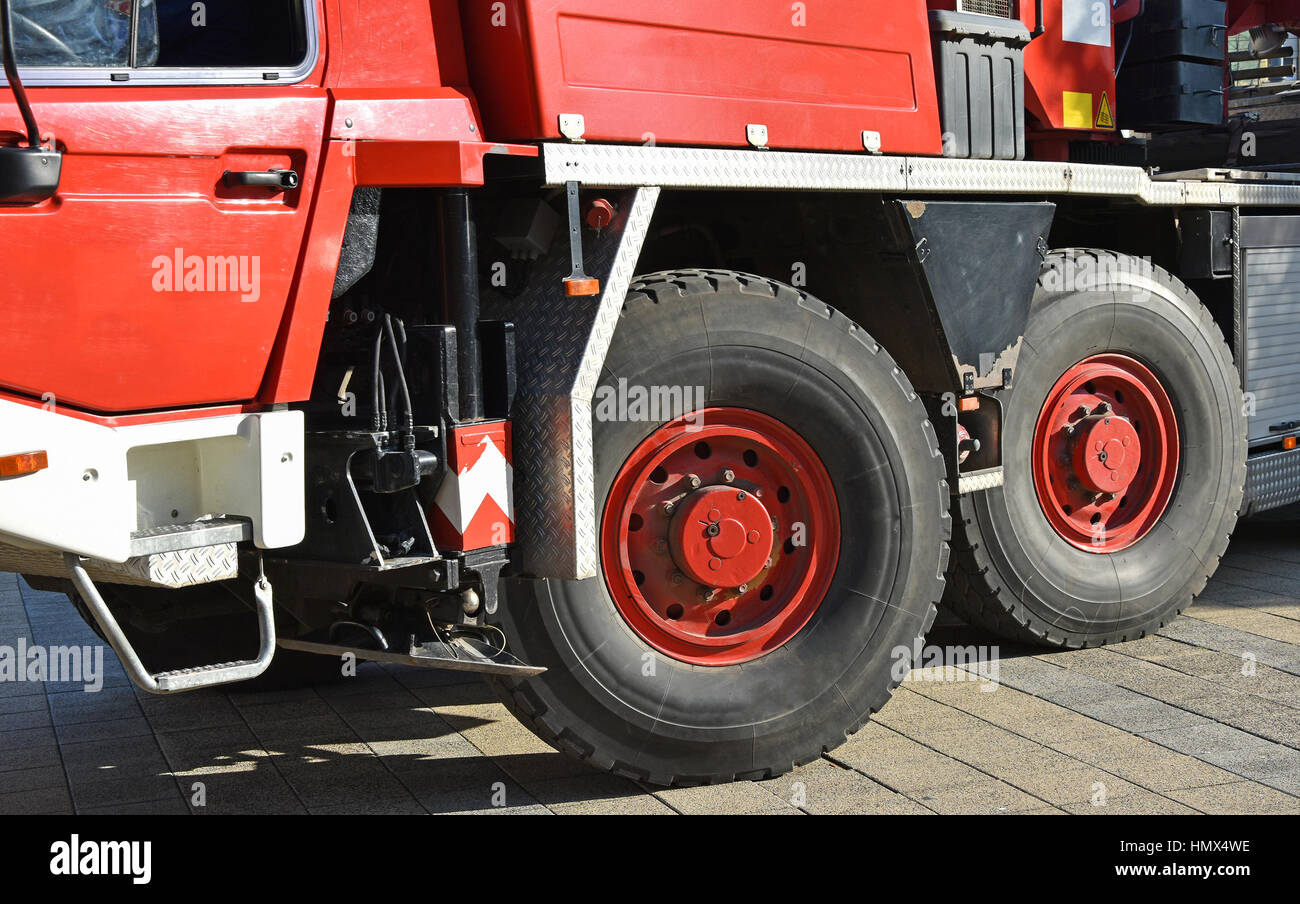 Tires of a large crane vehicle Stock Photo