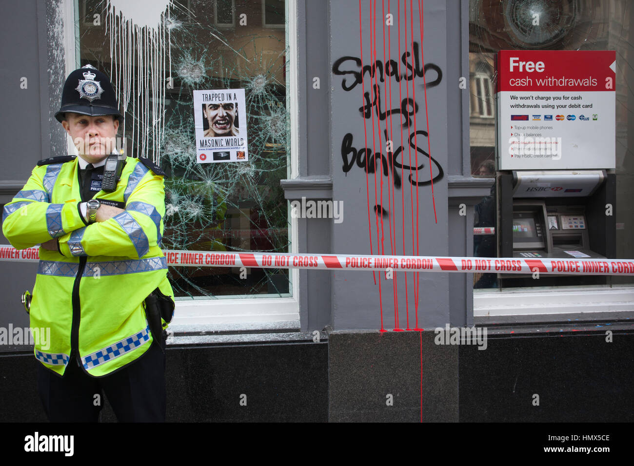 Metropolitan police on duty during an anti-cuts protest in Central London, England, United Kingdom Stock Photo