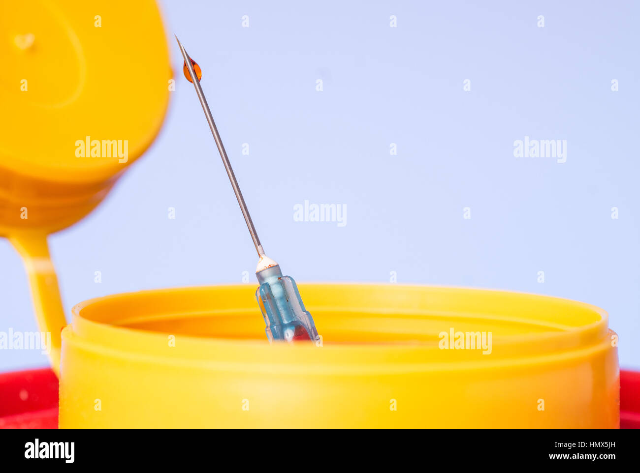 Yellow medical needle disposal waste container, syringe needle with red