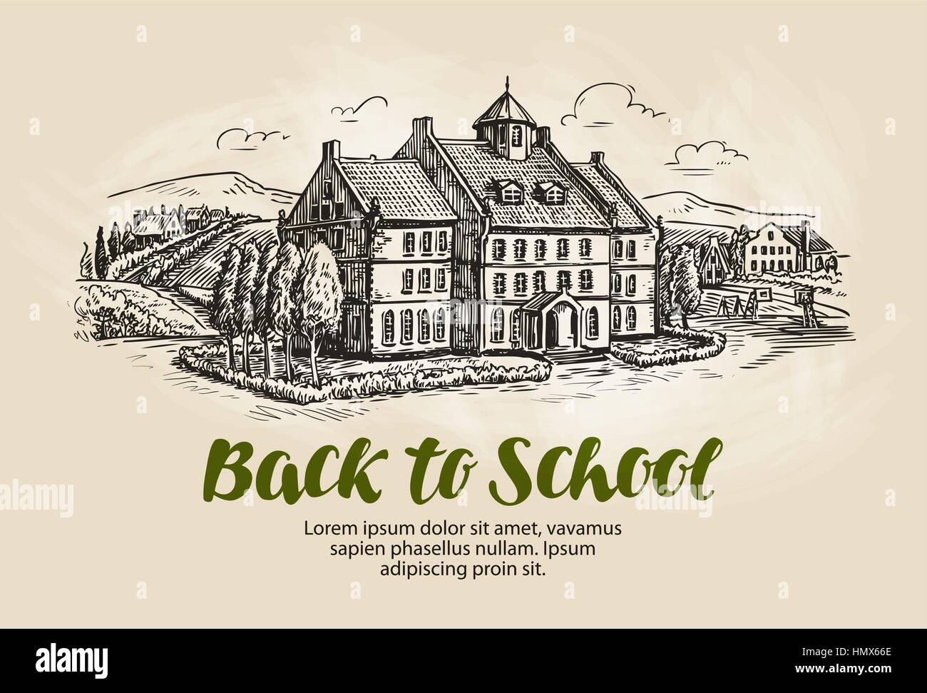School, landscape sketch. College, education symbol. Vintage vector illustration Stock Vector
