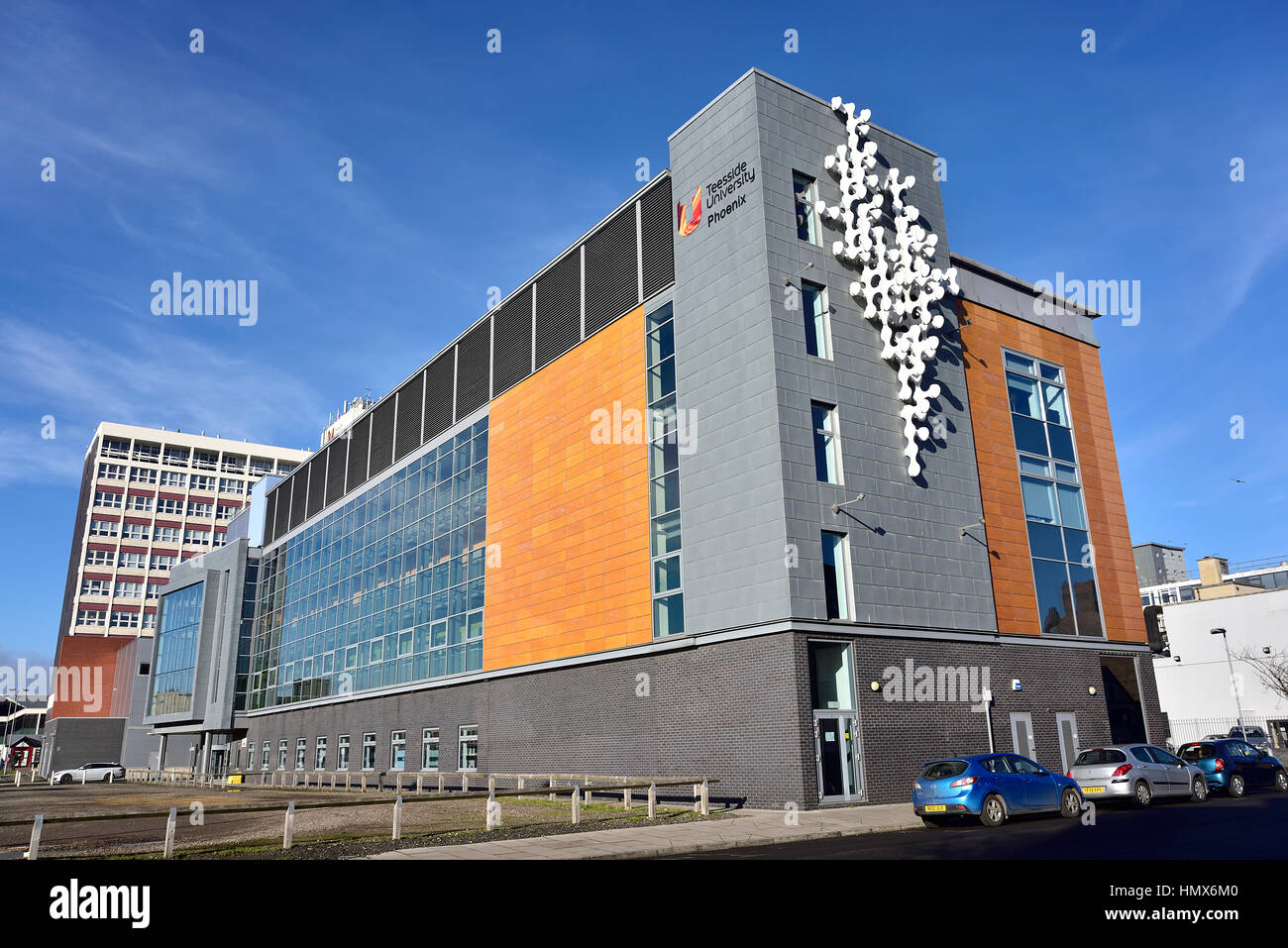 Phoenix Building, Teesside University, showing the conspicuous logo and the eye-catching blocks of colour. Used for digital business etc. Stock Photo