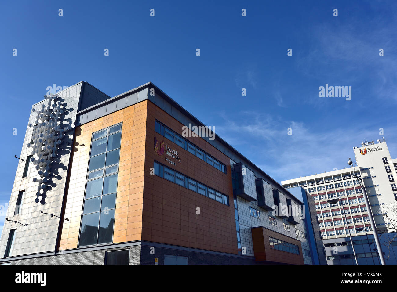 Phoenix Building, Teesside University, showing the conspicuous logo and the eye-catching blocks of colour. Used for digital business etc. Stock Photo