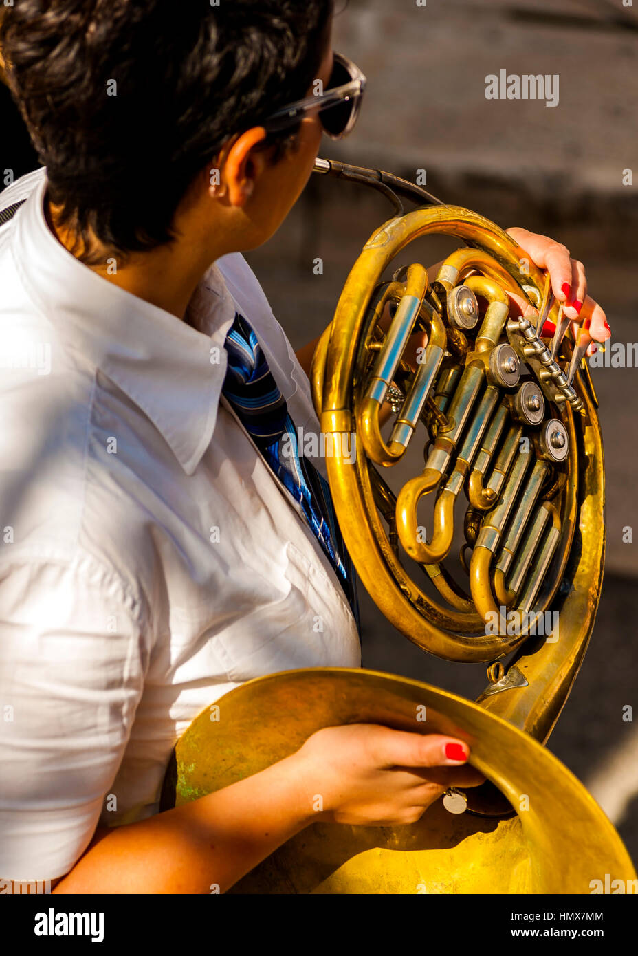 musician plays the woodwind musical instrument (horn) during a religious procession Stock Photo