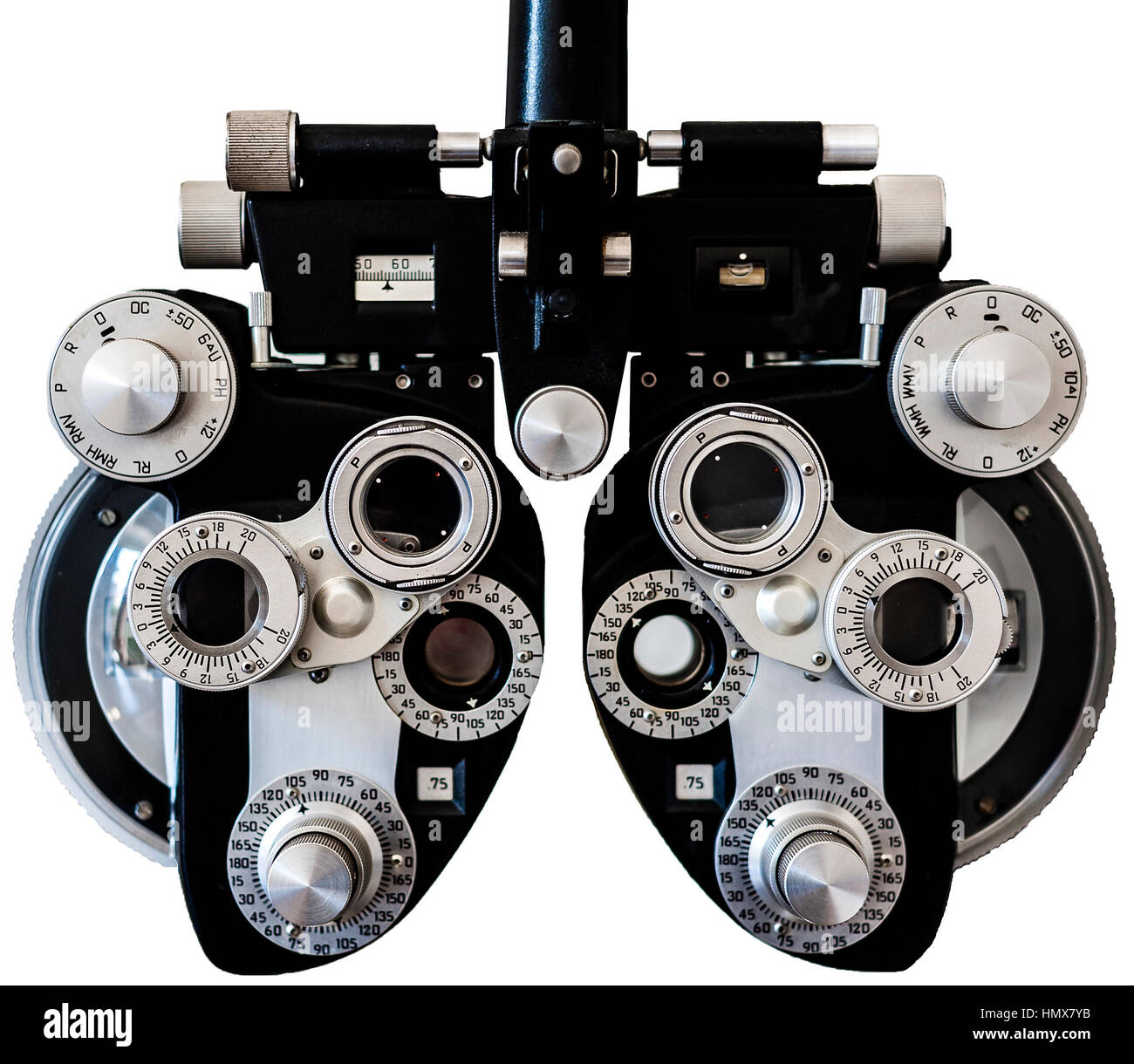 Eyesight measurement with a optical phoropter on white background Stock