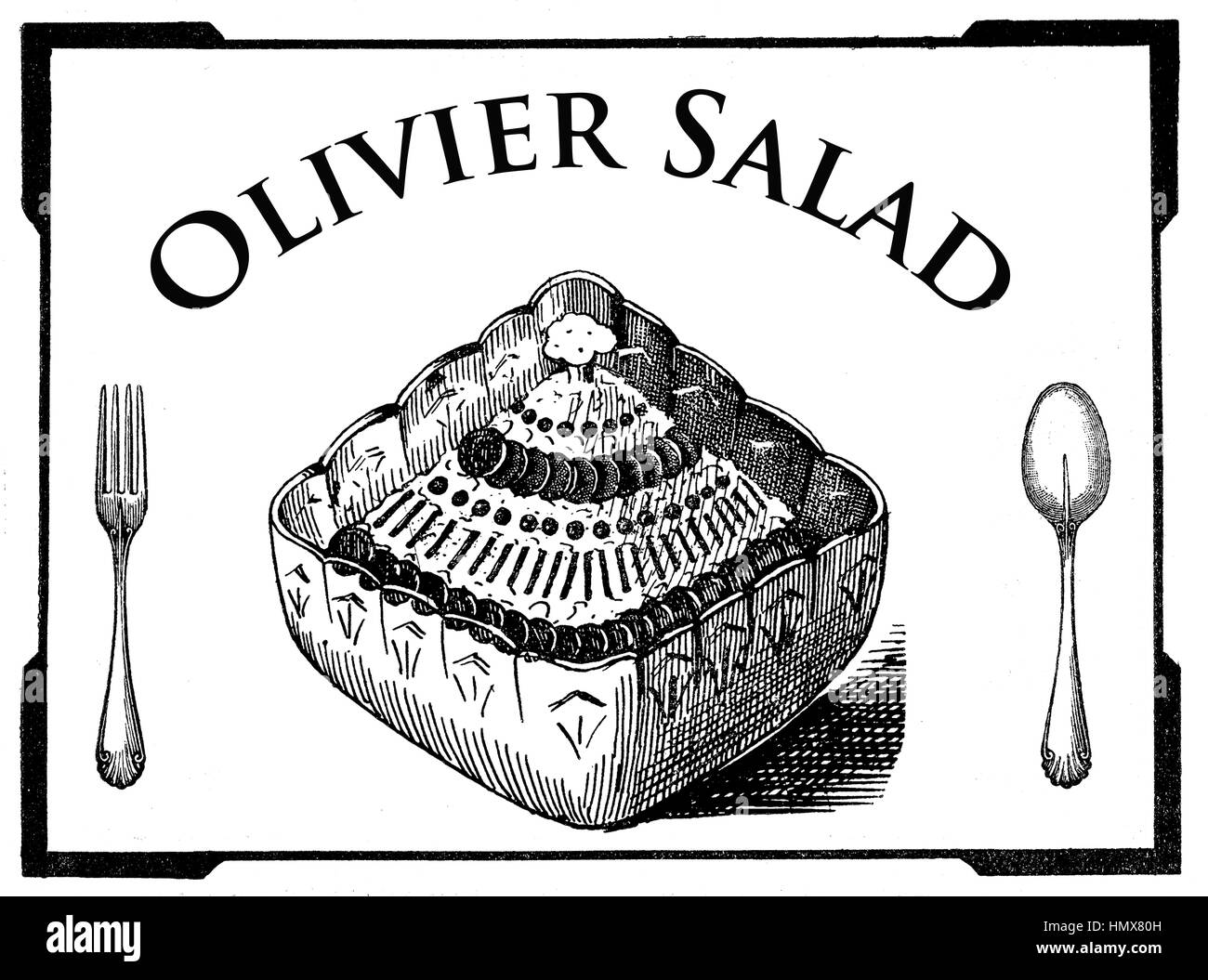 Art deco vintage engraving, Olivier salad Russian vegetarian recipe Stock Photo