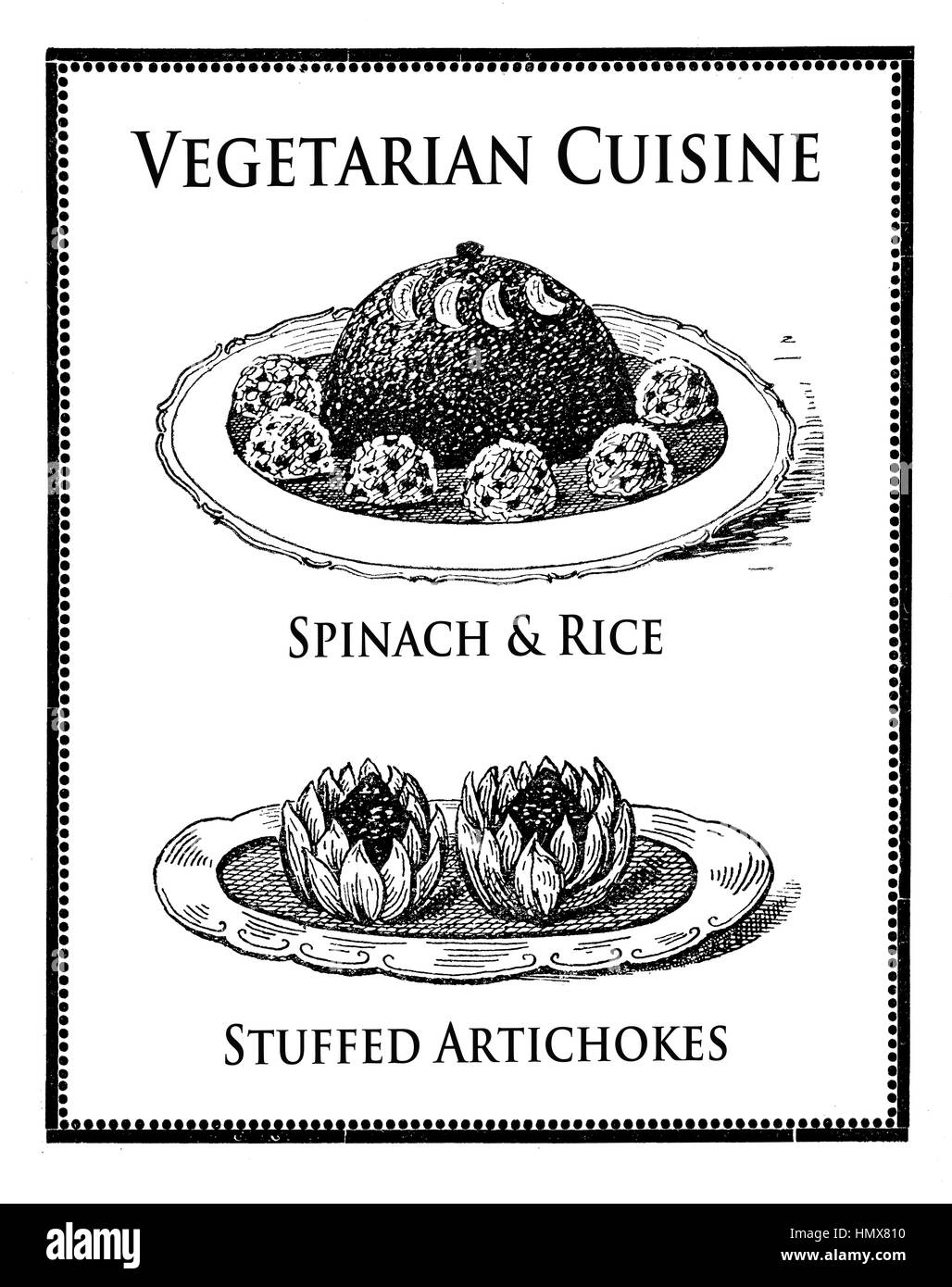 Vegetarian vintage recipes, spinach, rice and  stuffed atichokes, engraving XIX century Stock Photo