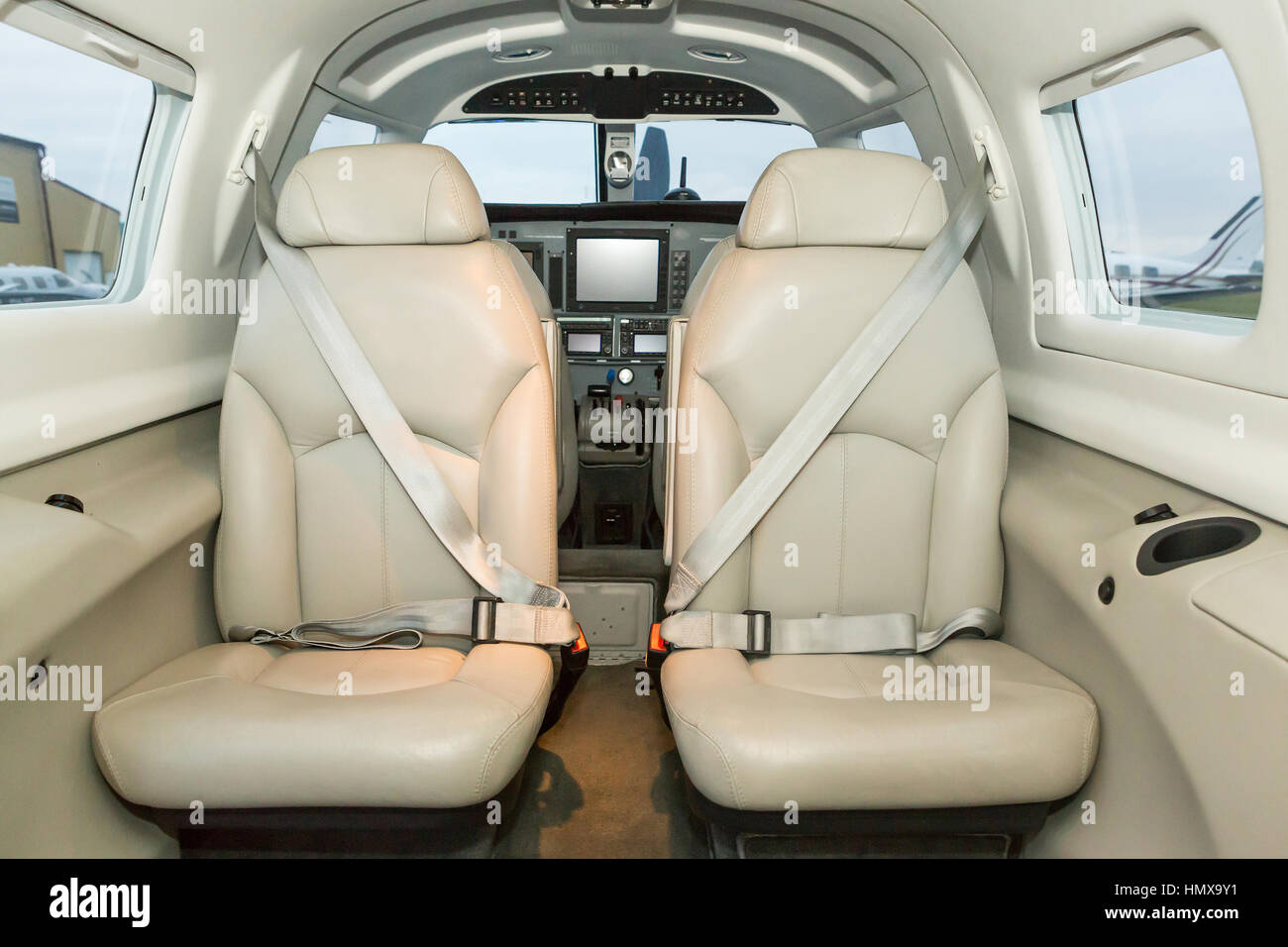 Interior single piston aircraft. Small private aircraft, interior and dashboard. matrix Stock Photo