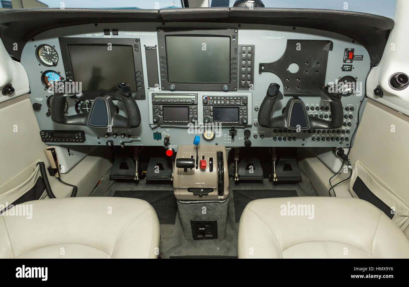 Interior single piston aircraft. Small private aircraft, interior and dashboard. matrix Stock Photo