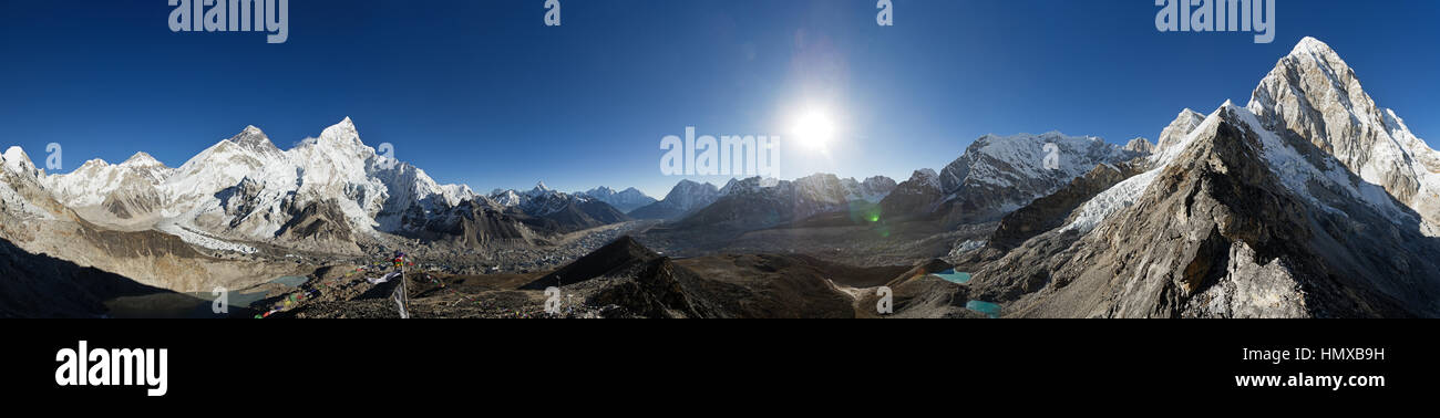Himalayan 360 degree panorama from Kala Patthar including Everest Nuptse Ama Dablam and Pumori Stock Photo