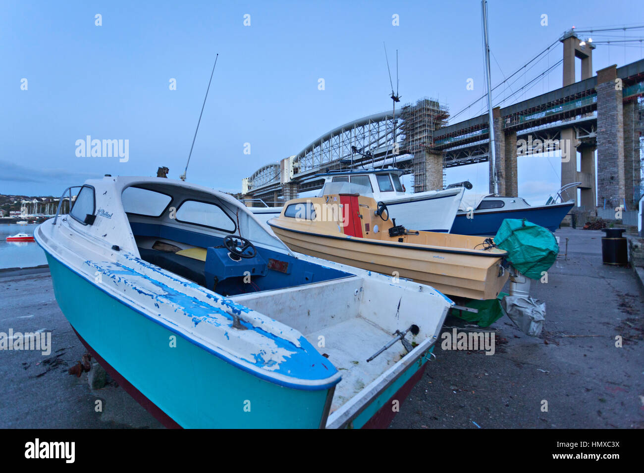 Pleasure boats at the Tamar River with the Royal Albert bridge, Saltash, Plymouth Stock Photo