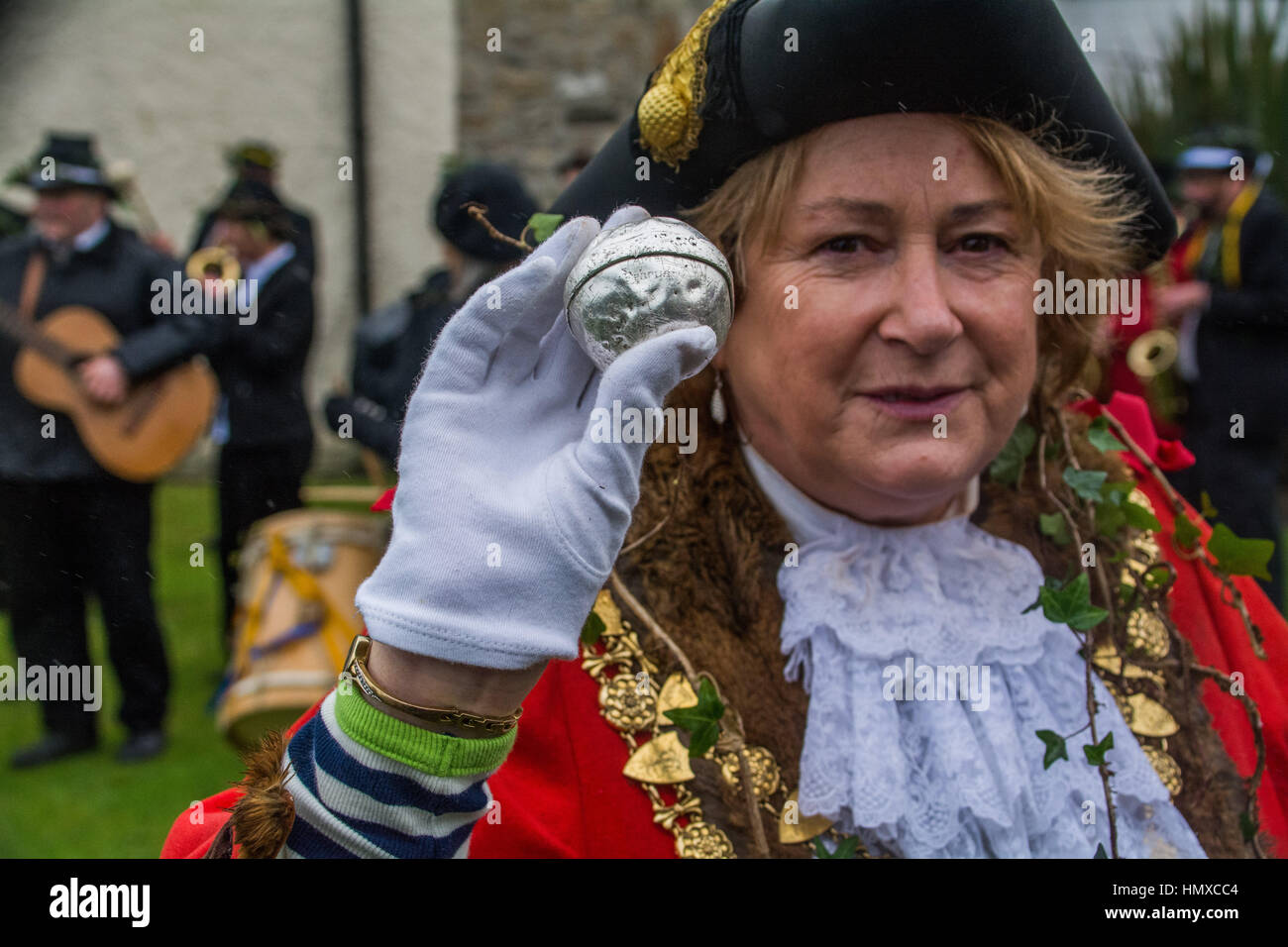 St Ives, Cornwall, UK. 6th Feb, 2017. The annual St Ives Feast and Hurling of the Silver ball. In this ancient tradition, dating over a thousand years old, a small silver 'quidditch' like ball is thrown by the town mayor for locals to compete for. Whoever returns the ball to the mayor at the stroke of midday wins a silver coin Credit: Simon Maycock/Alamy Live News Stock Photo