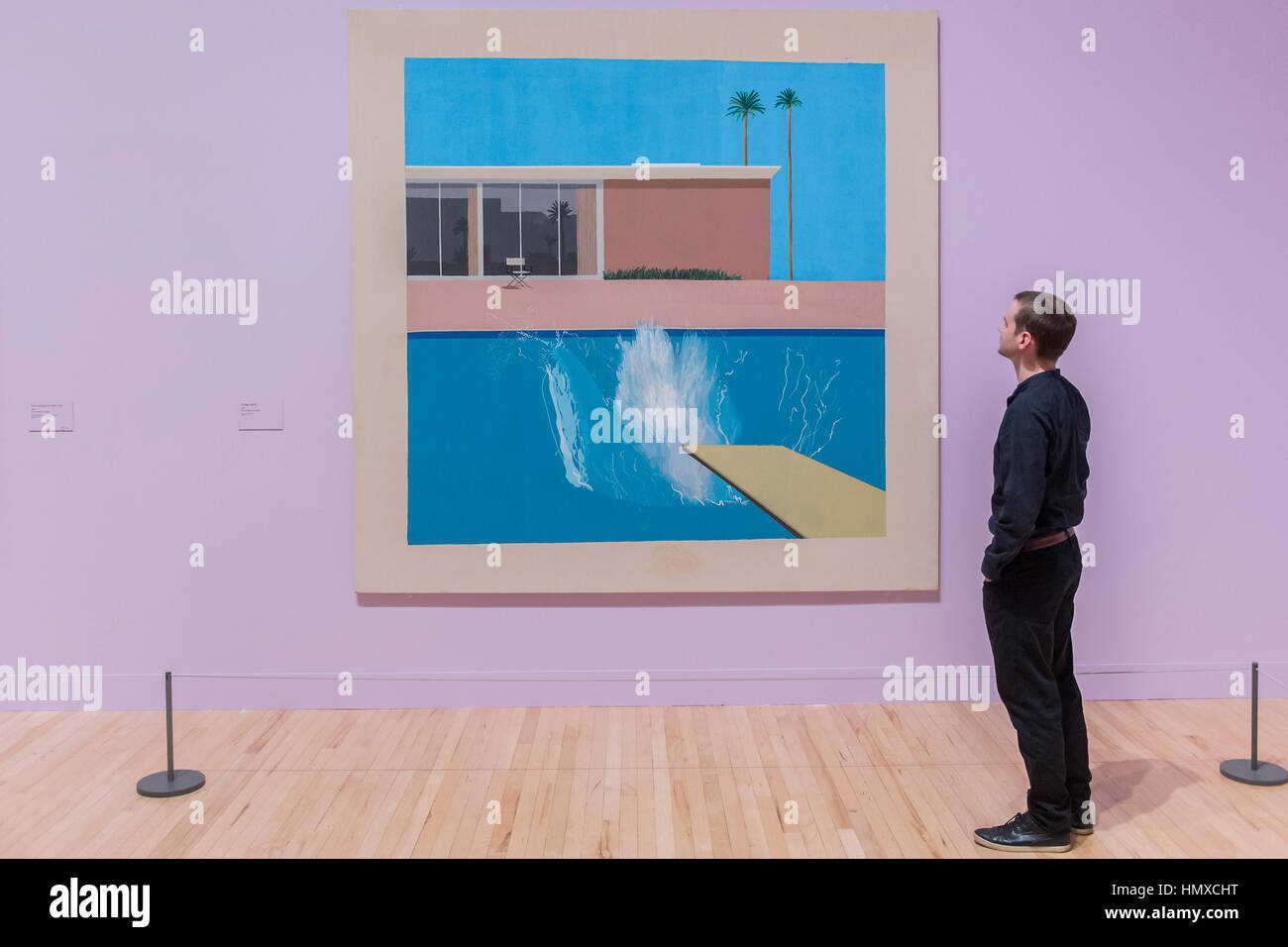 Tate Britain, London, UK. 6th Feb, 2017. A Bigger Splash, 1967 - David Hockney, a major new retrospective, at Tate Britain's. It includes more than 200 works and celebrates Hockney's achievement in painting, drawing, print, photography and video. As he approaches his 80th birthday, this exhibition offers an unprecedented overview of the artist's 60-year career. It runs from 9 Feb to 29 May 2017. London 06 Feb 2017. Credit: Guy Bell/Alamy Live News Stock Photo
