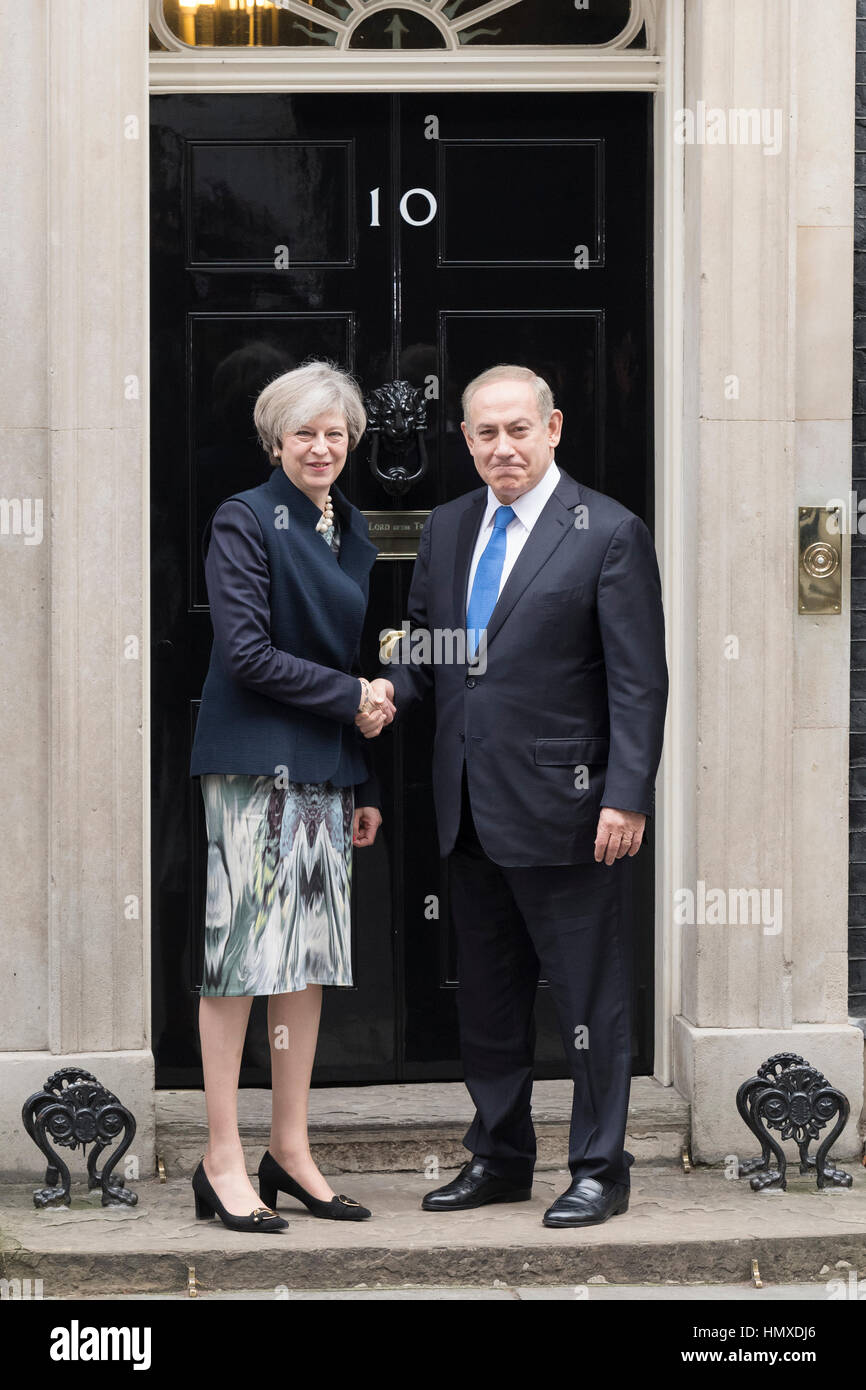 London, UK. 6th Feb, 2017. Theresa May, the British Prime Minister, greeting Benjamin Netanyahu Prime Minister of Israel, as he arrives at 10 Downing Street, London, Britain. Credit: Alex MacNaughton/Alamy Live News Stock Photo