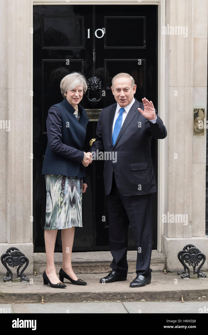 London, UK. 6th Feb, 2017. Theresa May, the British Prime Minister, greeting Benjamin Netanyahu Prime Minister of Israel, as he arrives at 10 Downing Street, London, Britain. Credit: Alex MacNaughton/Alamy Live News Stock Photo