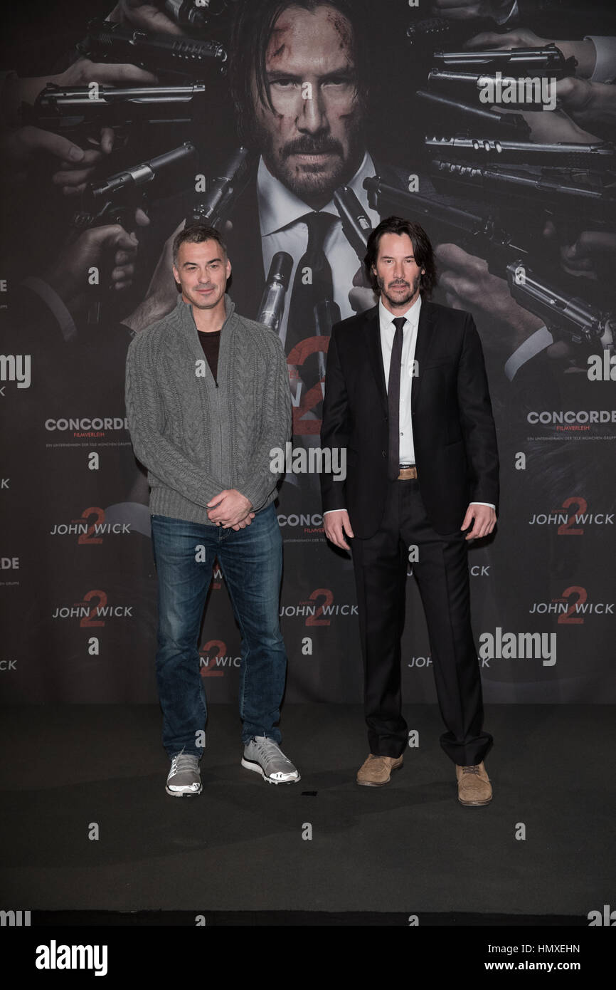 Berlin, Germany. 6th Feb, 2017. The director Chad Stahelski (L) and actor Keanu Reeves arrive to a photo call for the movie 'John Wick: Chapter 2' in Berlin, Germany, 6 February 2017. Keanu Reeves plays a killer who wishes for retirement in the action film. Photo: Jörg Carstensen/dpa/Alamy Live News Stock Photo