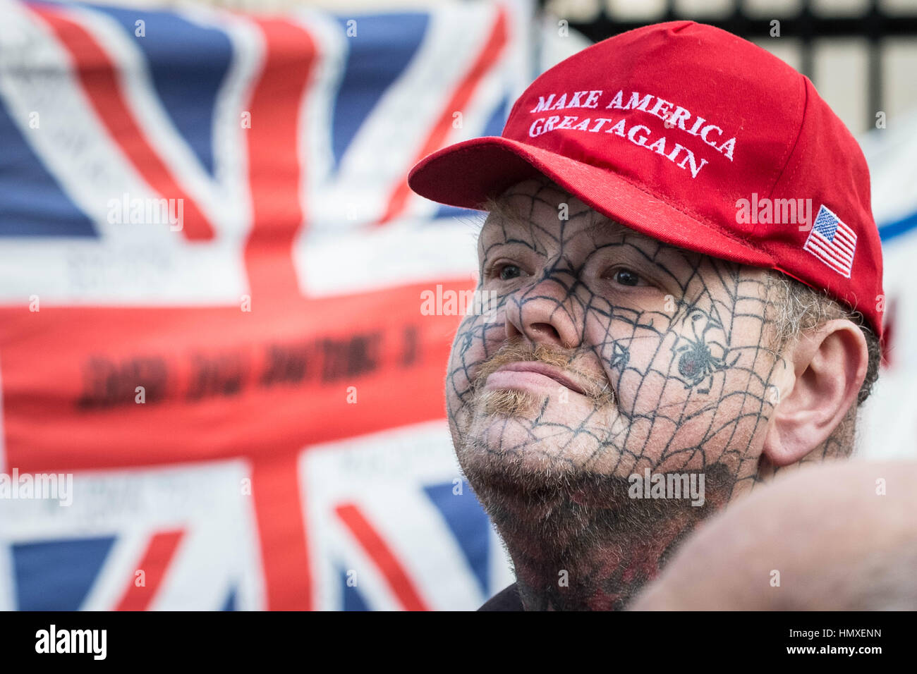 London, UK. 6th February, 2017. A Trump supporter joins the pro-Israeli supporters welcoming Prime Minister of Israel Benjamin Netanyahu’s visit to Downing Street © Guy Corbishley/Alamy Live News Stock Photo