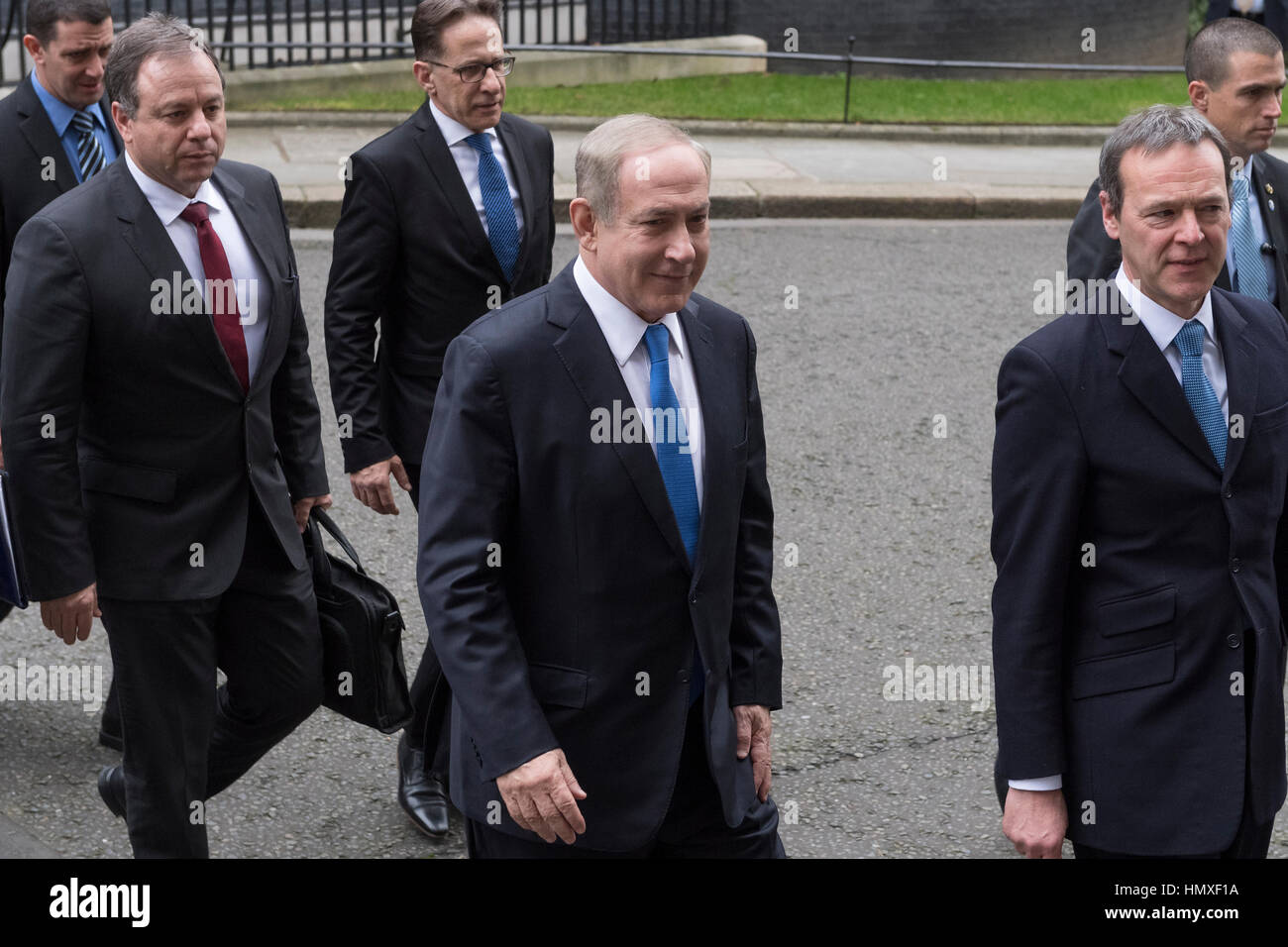 London, Britain. 6th February, 2017. Benjamin Netanyahu Prime Minister of Israel, leaving 10 Downing Street, after a meeting with Theresa May, the British Prime Minister. London, Britain. Credit: Alex MacNaughton/Alamy Live News Stock Photo