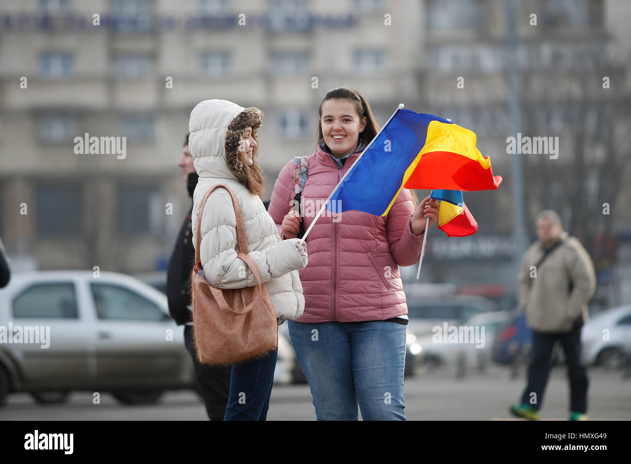 Bucharest, Romania. 6th Feb, 2017. Protesters are seen on Piata Vitoriei, Victory Square in front of government headquarters on 6 February, 2017. Mass demonstrations against government easing on graft legislation have been continuing for almost a full week. Credit: Willem Arriens/Alamy Live News Stock Photo
